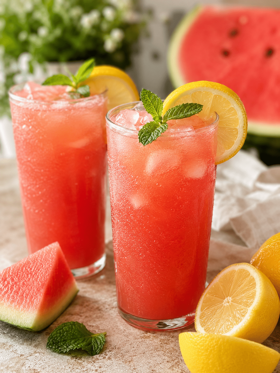Watermelon lemonade recipe for a fresh summer pitcher 1 Watermelon lemonade recipe in a glass pitcher with lemon slices and mint
