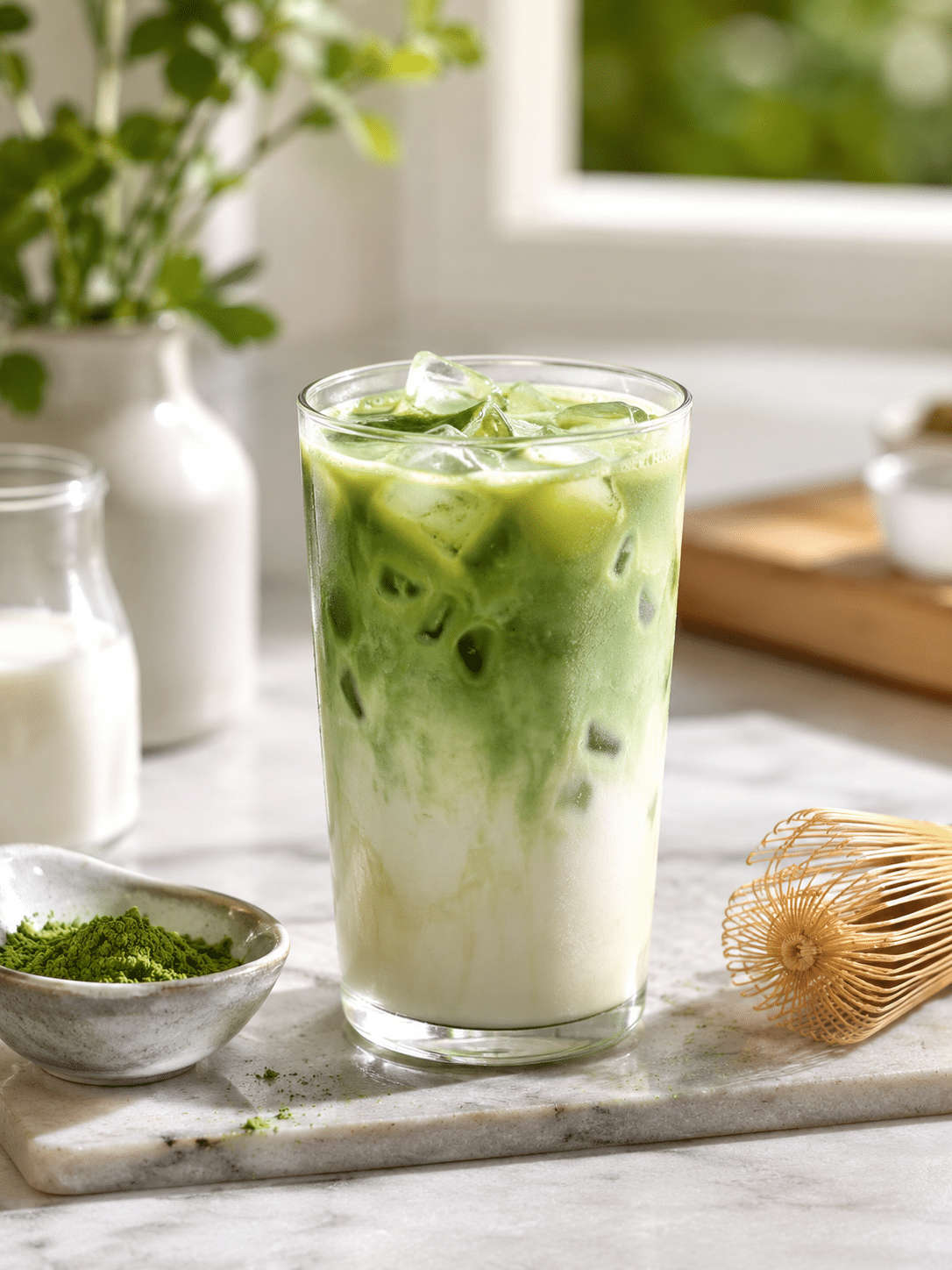How Much Caffeine in Matcha? Simple Guide for Lattes and Coffee 1 how much caffeine in matcha featured iced matcha latte with powder and whisk