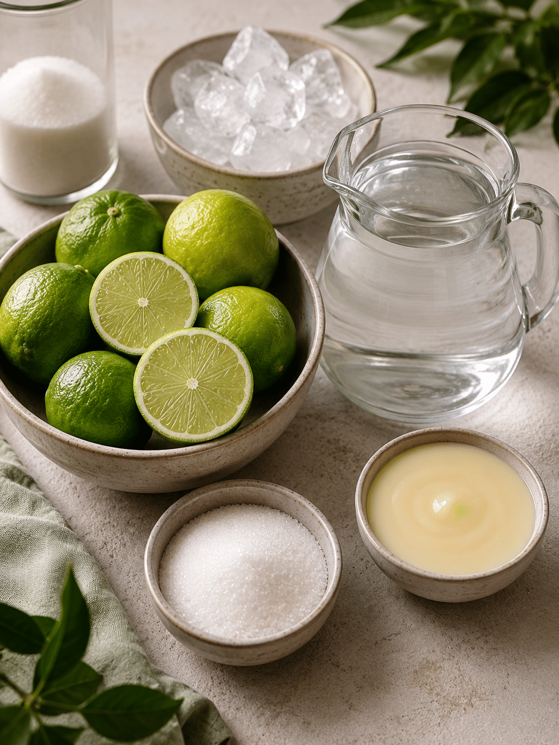 Brazilian lemonade recipe ingredients with limes condensed milk sugar water and ice
