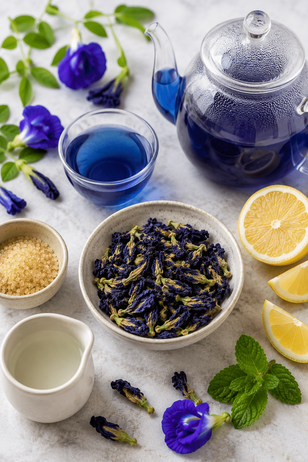 Butterfly Pea Flower Tea ingredients with dried flowers honey lemon and mint