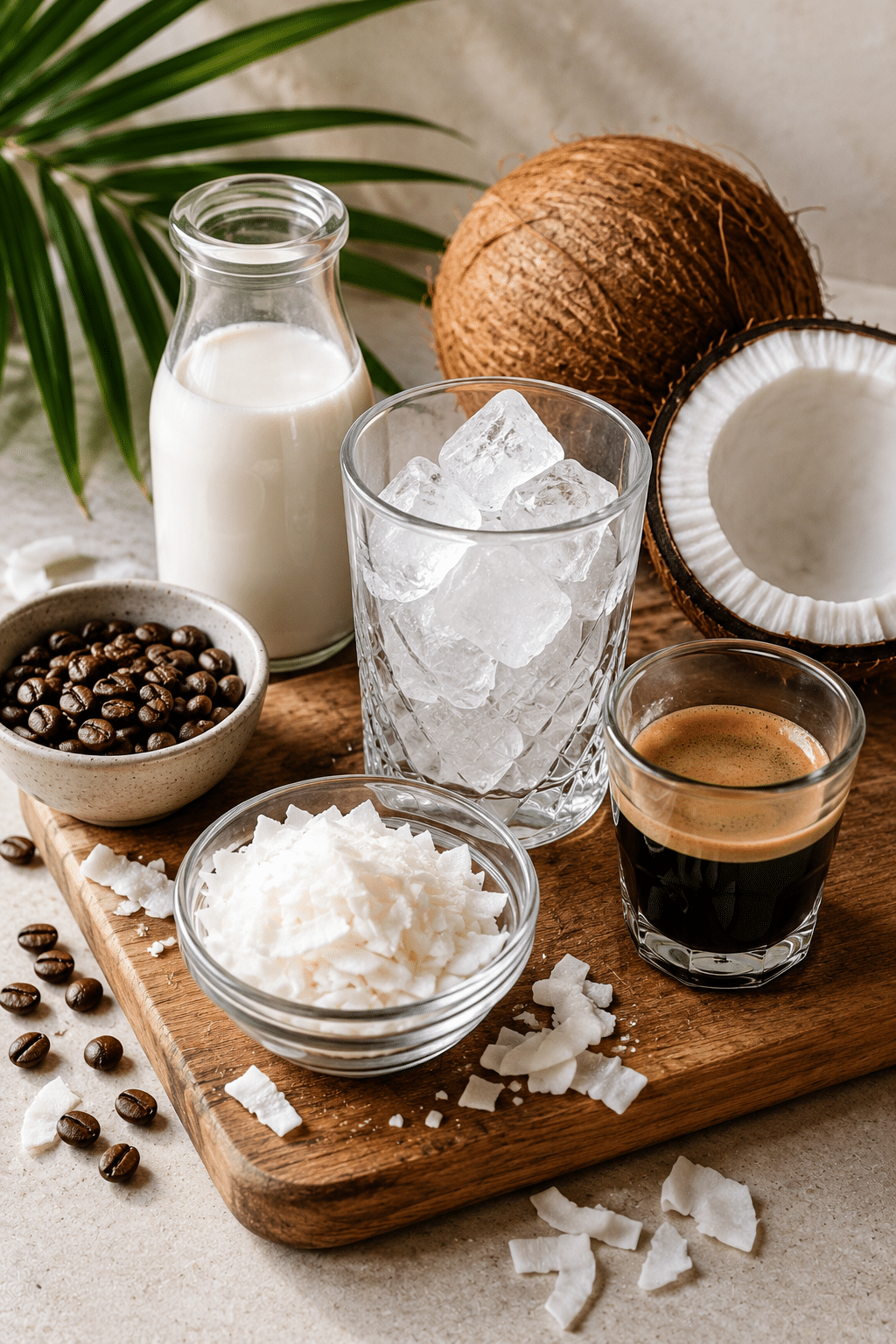 Coconut iced coffee ingredients with coffee, coconut milk, condensed milk, and ice