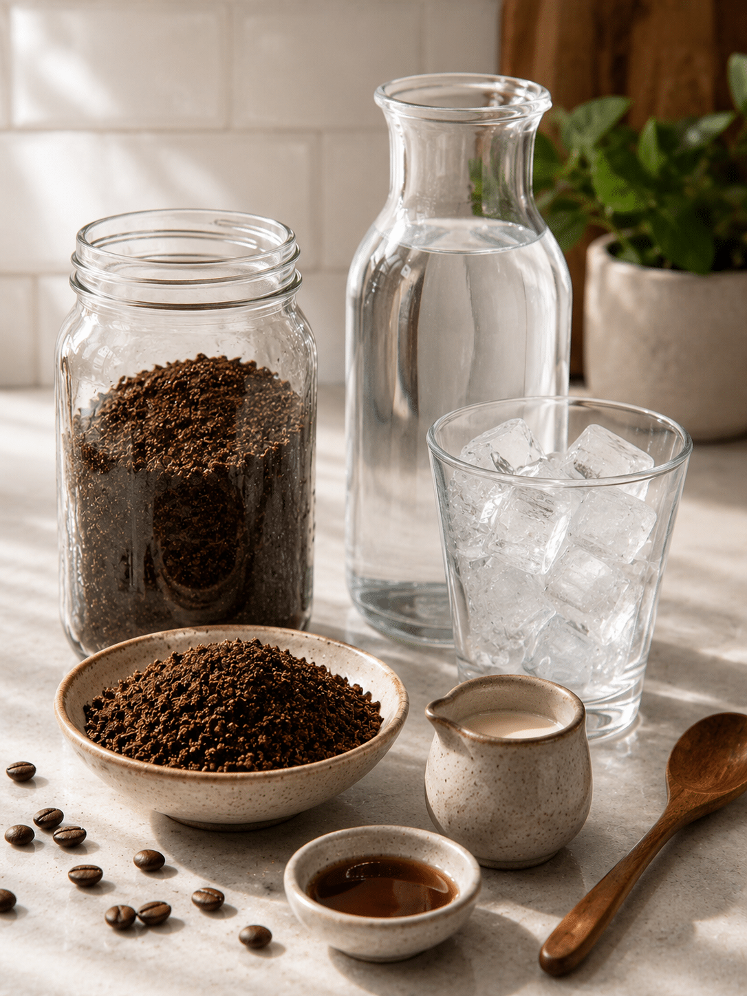 Cold Brew Coffee Recipe ingredients with coarse coffee and cold water