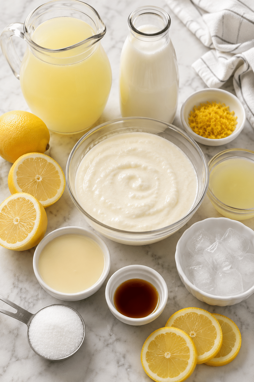 Creamy lemonade ingredients with lemons and condensed milk
