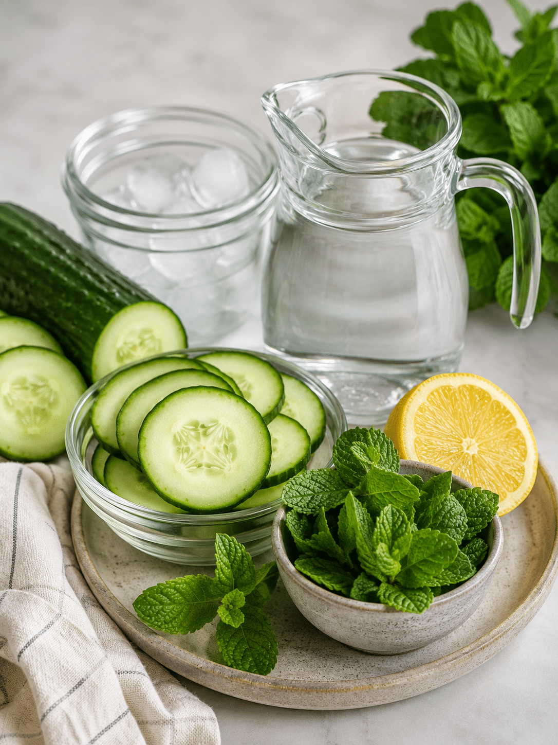 Cucumber mint water ingredients with cucumber, mint, lemon, ice, and pitcher