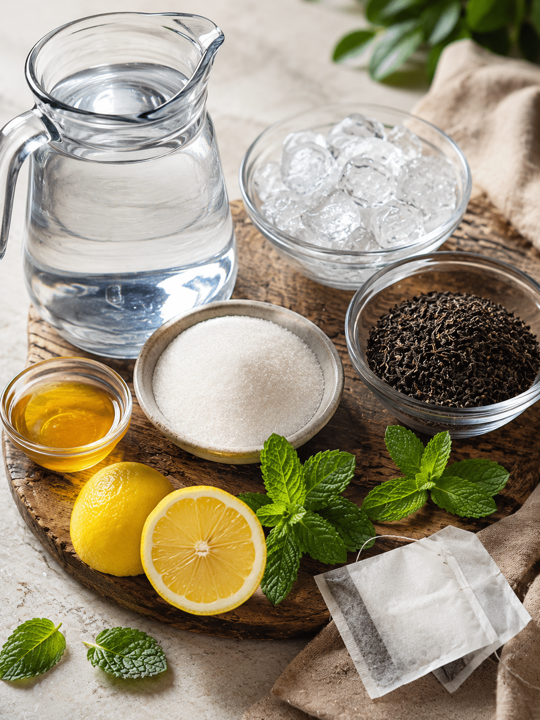 Iced tea recipe homemade ingredients with tea bags lemon mint and ice