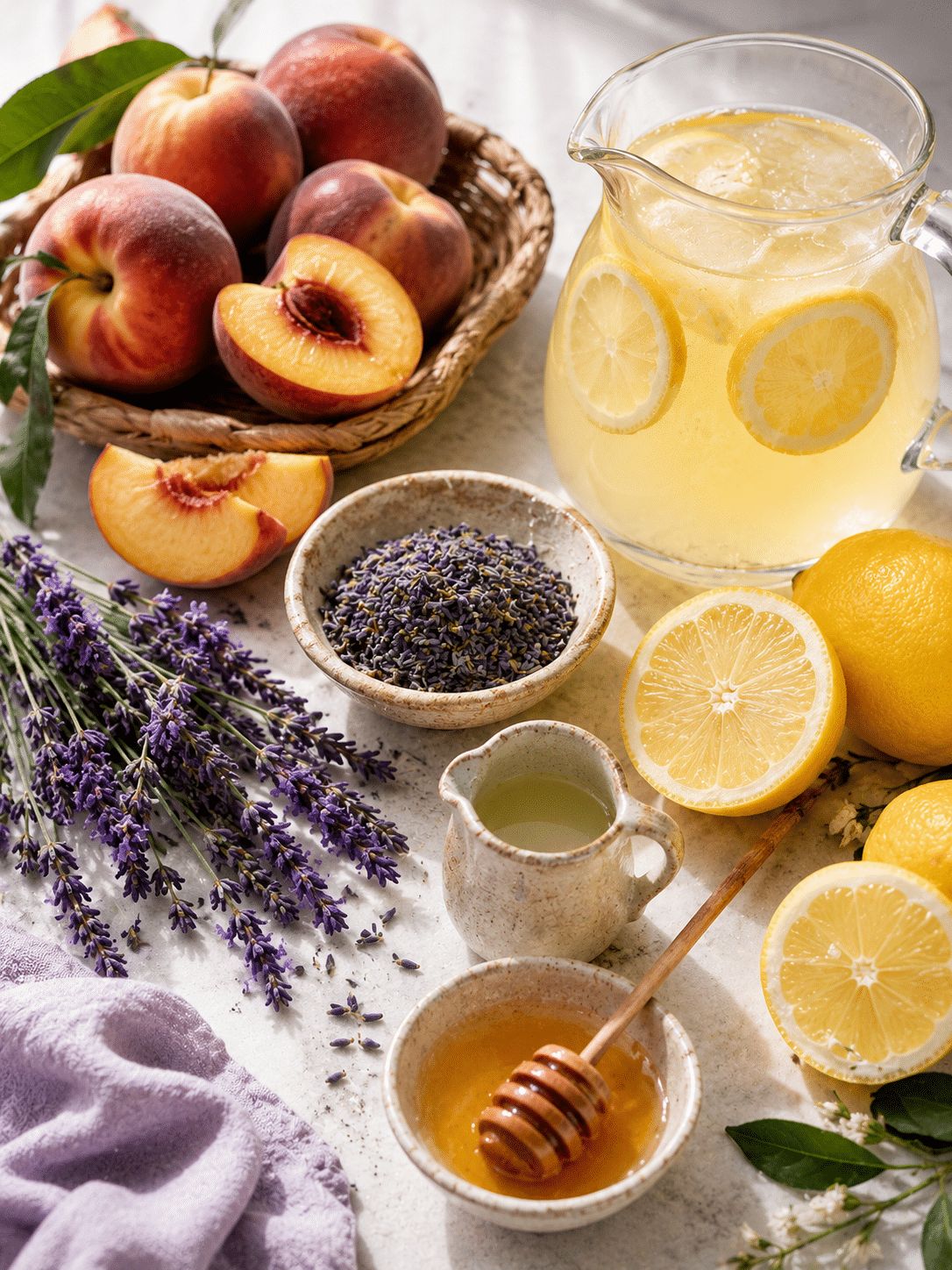 ingredients for Lavender Peach Lemonade