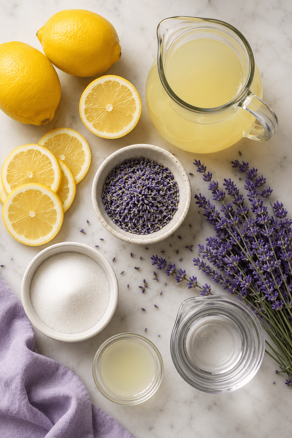 Lavender lemonade recipe ingredients with lemons, sugar, water, and culinary lavender