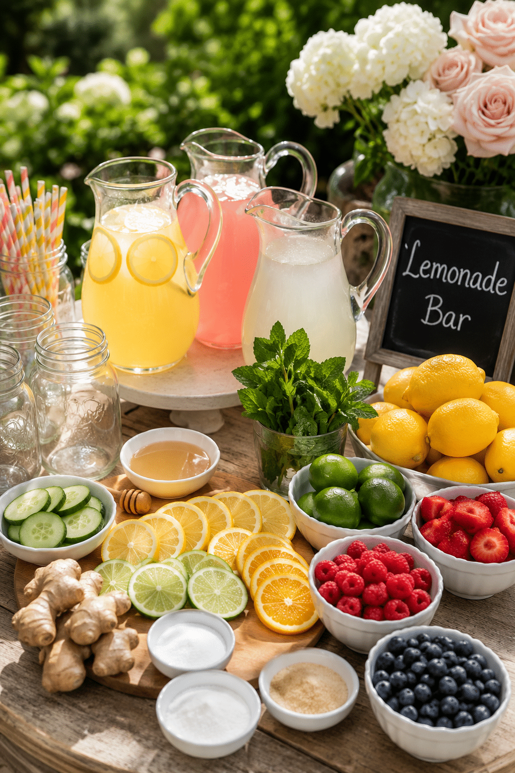 Lemonade bar recipes ingredients with lemons berries peaches herbs and syrups