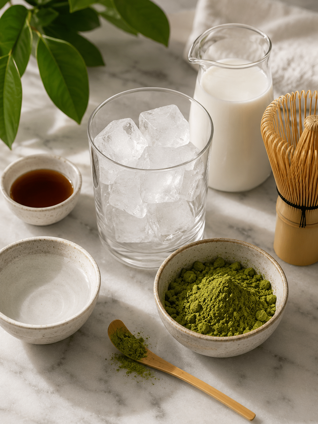 Matcha latte iced ingredients with matcha powder milk sweetener and ice