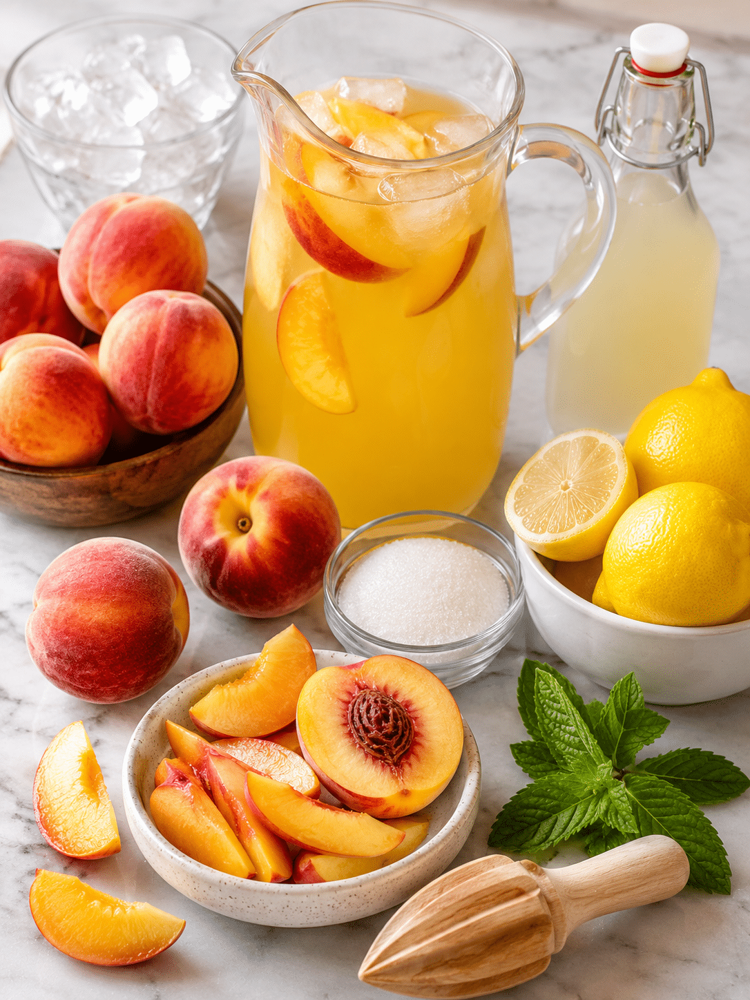 Peach lemonade ingredients with peaches, lemons, sugar, and simple syrup