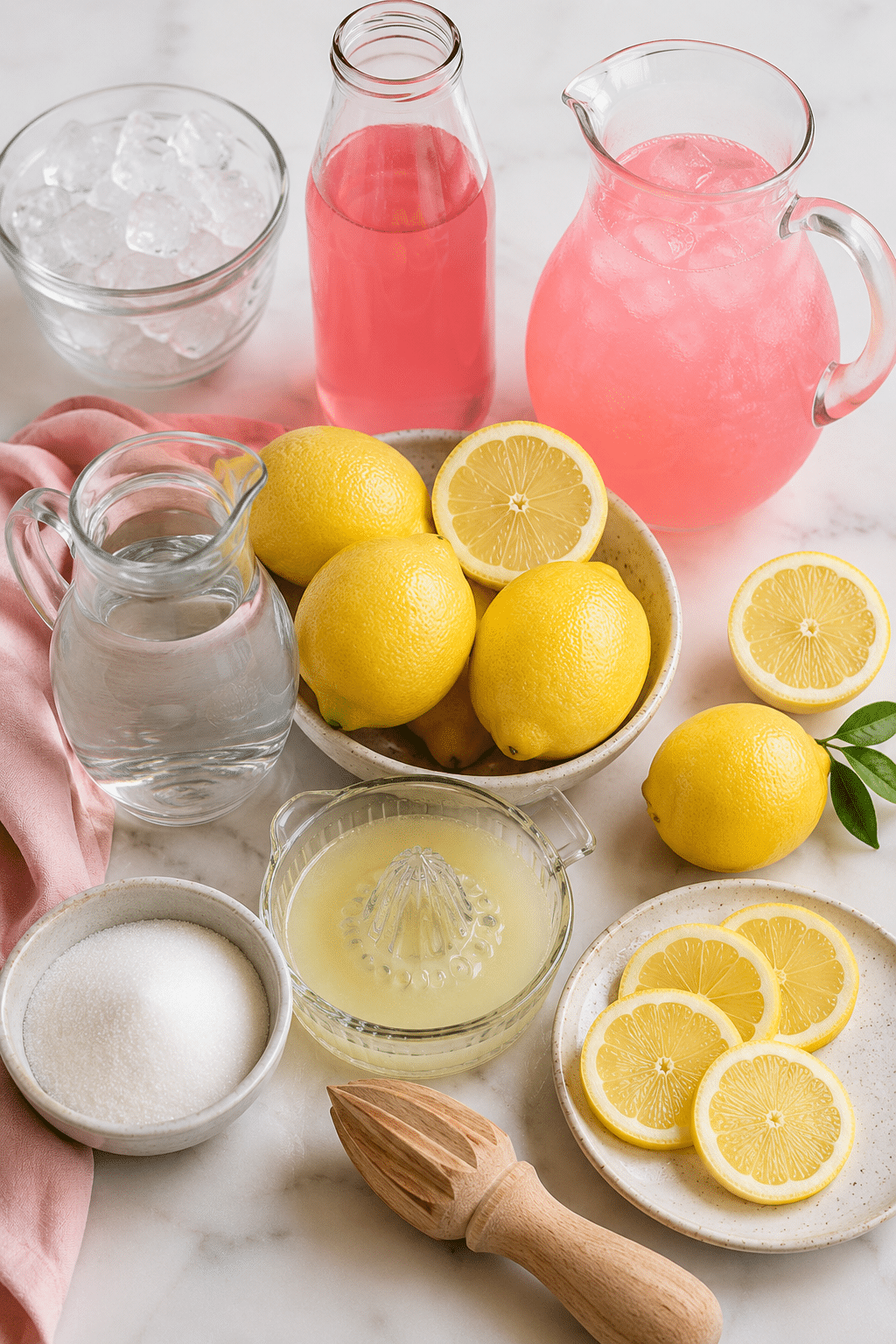 Pink lemonade recipe ingredients with lemons sugar strawberries and water