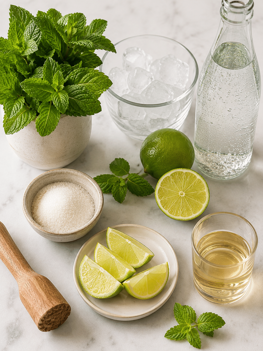 Virgin mojito recipe ingredients with mint, lime, simple syrup, ice, and sparkling water