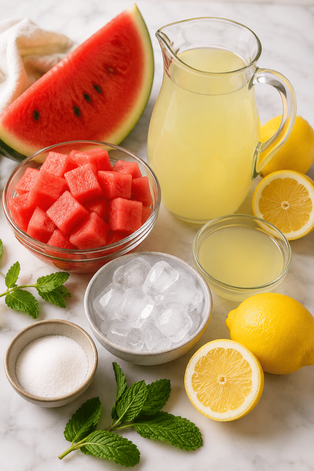 Watermelon lemonade recipe ingredients with watermelon cubes and fresh lemons