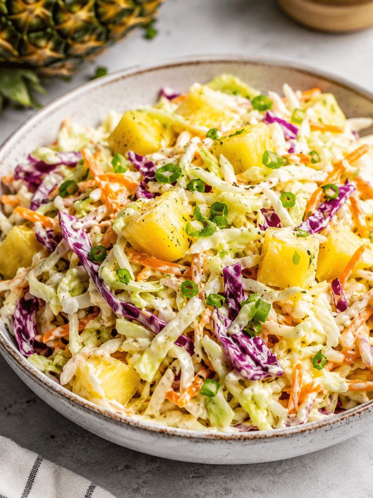 Home Page 13 pineapple coleslaw recipe served in a white bowl with cabbage, carrots, and pineapple