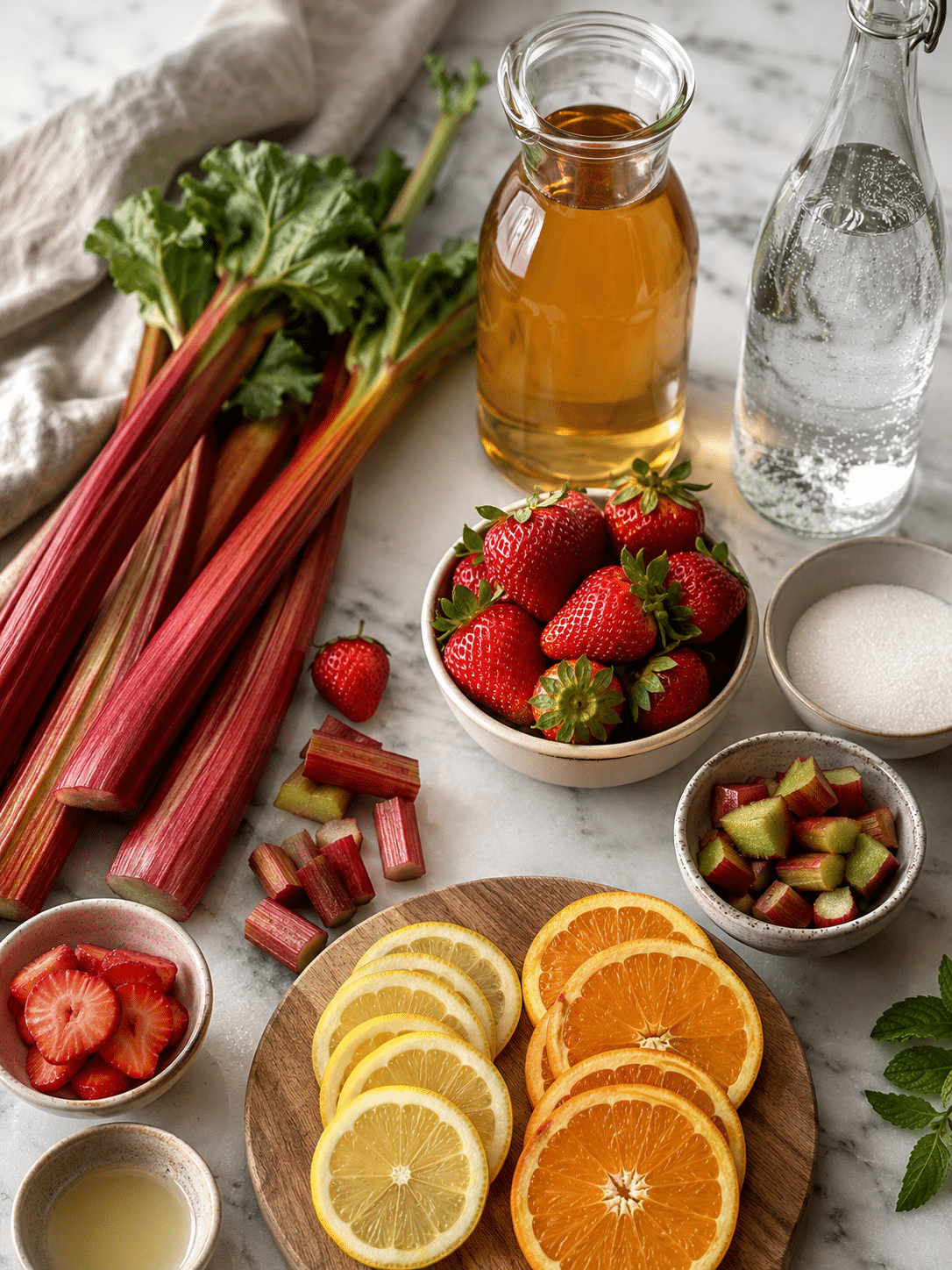 Strawberry-Rhubarb Sangria rhubarb syrup simmering in a saucepan